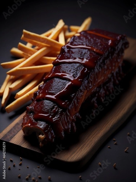 Fototapeta Grilled steak with fris on a wooden table