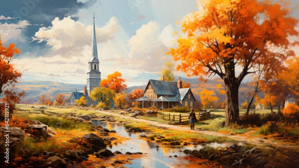 Fototapeta A peaceful idyllic illustration of the autumn village surrounded by trees with autumn foliage, heavy brush strokes. AI generated