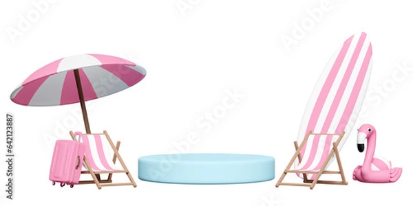 Obraz Podium 3D cylindra puste z płotem, letnią plażą, krzesłem, piłką, nadmuchiwanym flamingiem, falą, parasolem lub parasolem izolowanym. koncepcja letniej wyprzedaży zakupów, ilustracja renderowania 3D