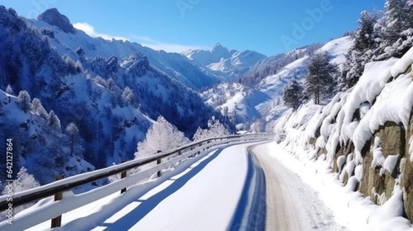Fototapeta Icy Adventures: Navigating Snowy Highways and Peaks