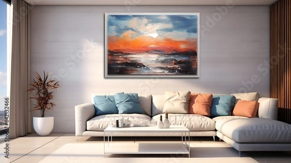 Fototapeta Modern Living Room Featuring a Sofa and Wall Art, Decorated in Soft, Muted Colors, Generative AI