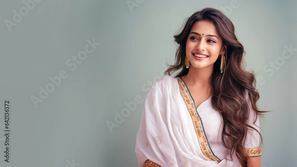 Fototapeta Indian girl in sari or saree traditional cloth, Smiling woman, long hair