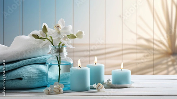 Obraz Spa salon light blue composition in wellness center. Spa still life background with aromatic candle, orchid flower and towel. Beauty spa treatment and relax. Relaxing background.