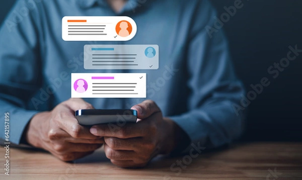Fototapeta social network, conversation, message, comment, speech bubble, banner, context, communicate, discussion, chat. use smartphone to comment and chatting via social network. then speech bubble alert it.