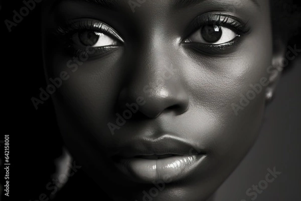Obraz Close up black and white photo of african american woman staring. Female model high quality studio photo