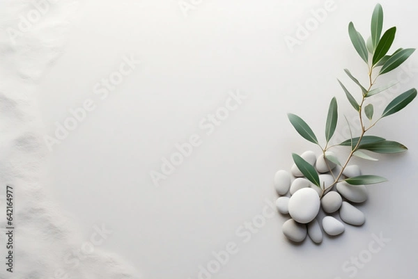 Fototapeta Minimalist Nature: Sage Twig and Pebble Rocks on Sand - Serene Botanical Background