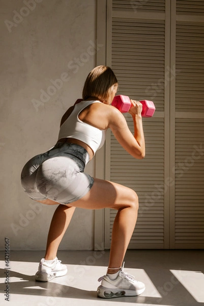 Fototapeta Unrecognizable beautiful young fit caucasian woman exercising with pink dumbbells indoors