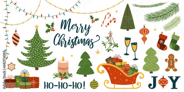 Obraz Set of Christmas hand drawn decorative elements. Christmas trees, balls, Santa sleigh, fir-tree branches, mistletoe, holly, candy canes, stockings, gift boxes, gingerbread, garlands.