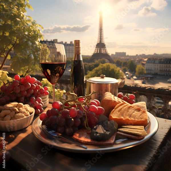 Fototapeta 🗼 A Taste of Parisian Delight with a View! 🍽️✨ Relish a plate of exquisite cuisine with the iconic Eiffel Tower as your backdrop. It's a dining experience that combines culinary excellence with the 