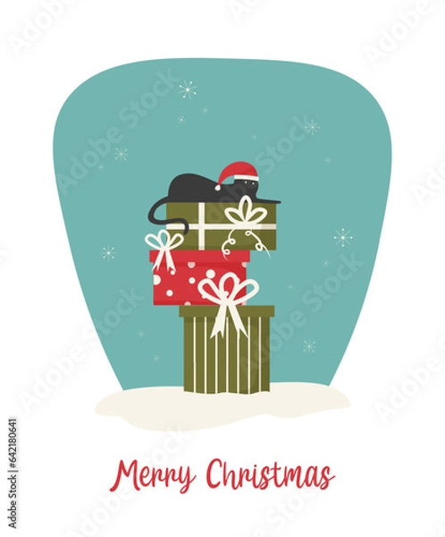 Fototapeta Christmas card with gift boxes and a black cat. Concept vector illustration in flat style.