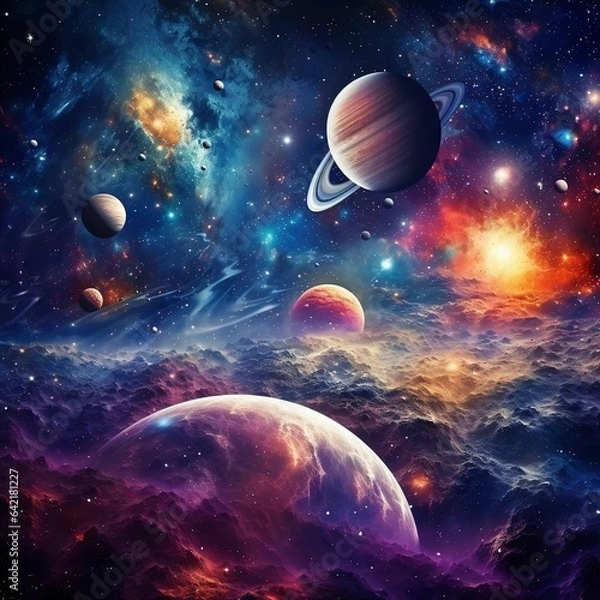 Fototapeta Fantastic multicolored outer space with stars, constellations, galaxies, planets and nebulae.