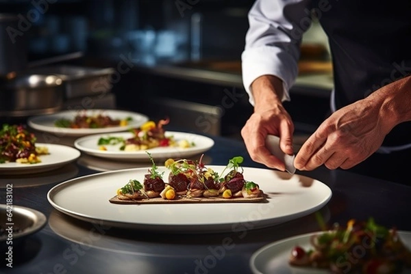 Fototapeta Gourmet Culinary Presentation: Masterful Plating. AI generated
