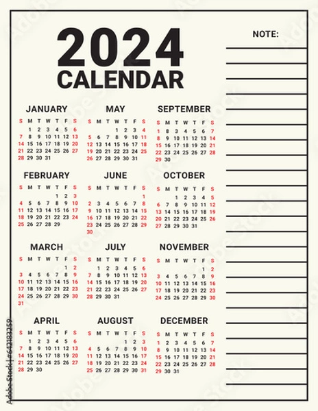 Obraz simple 2024 wall calendar design note style vector template