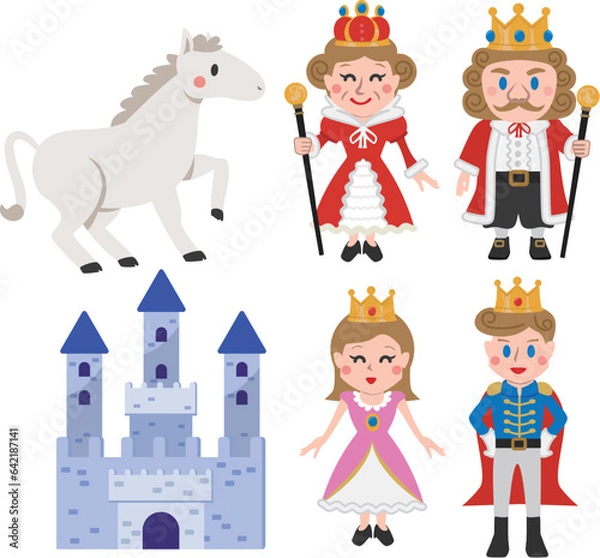 Fototapeta 王族アイコン　カラー　城と白馬と王族一家