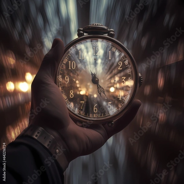 Fototapeta A man's hand holds a watch and watches time pass, a labyrinth into the future. End of time, end of the world and execution concept.