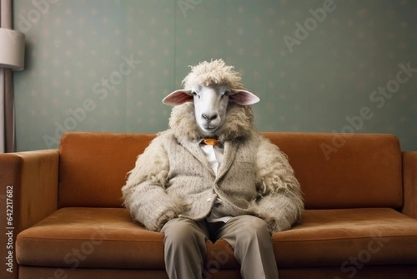 Obraz A sheep dressed in casual clothes lies in a sofa at home