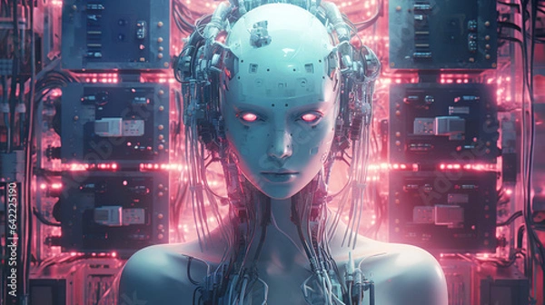 Obraz Young female humanoid head is connected to a super computer, symbolizing artificial intelligence. Futuristic illustration of the relationship between humans and neural networks. Copy space