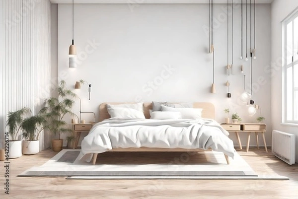 Fototapeta Modern scandinavian and Japandi style bedroom interior design with bed white color. Wooden table and floor, mock up frame wall.  