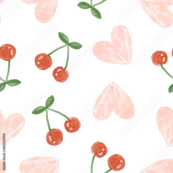Obraz watercolor hand drawn red cherries with pink hearts on a white background, seamless pattern with fruits and berries