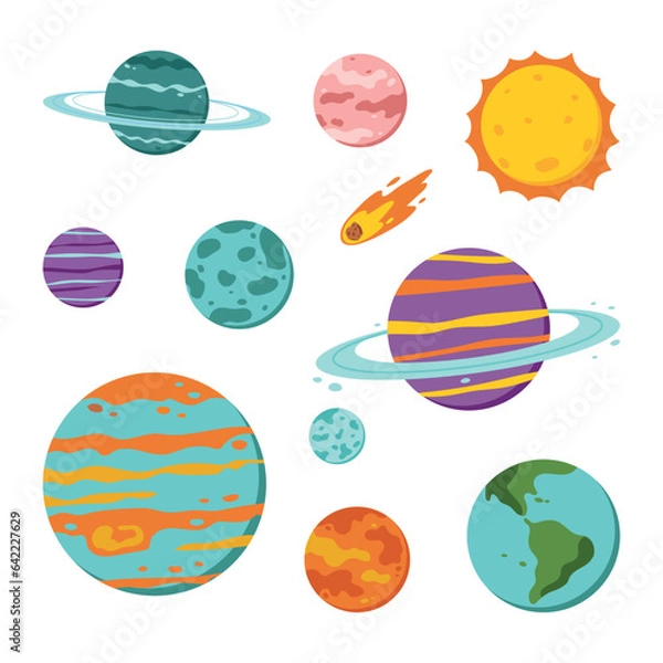 Fototapeta Solar system objects isolated on white background. Sun, planets, comet.Flat vector illustration.