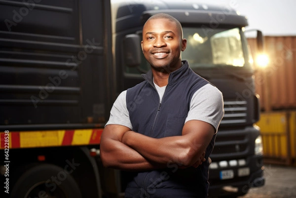 Fototapeta Man standing confidently in front of truck. This image can be used to depict transportation, logistics, or hardworking individual in industrial setting.
