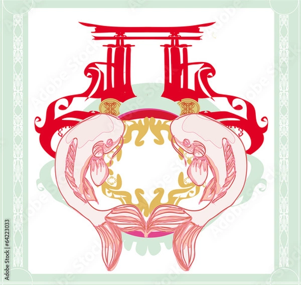 Obraz japanese koi and ancient building - abstract frame