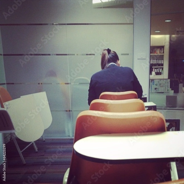 Fototapeta back of woman on desk test skill apply job