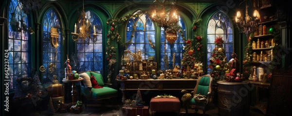 Fototapeta Santa's Workshop in an Enchanting Winter Setting with Fantastical Architecture, Generative AI