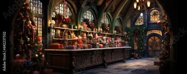 Fototapeta Santa's Workshop in an Enchanting Winter Setting with Fantastical Architecture, Generative AI