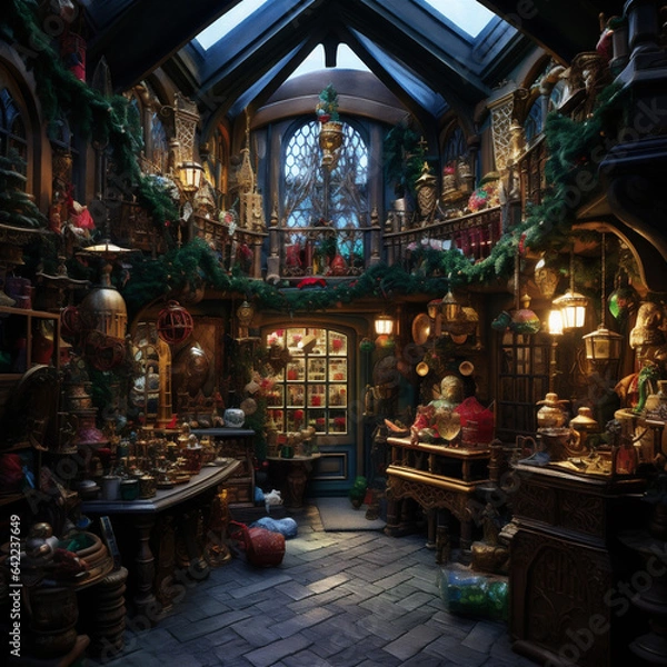 Fototapeta Santa's Workshop in an Enchanting Winter Setting with Fantastical Architecture, Generative AI