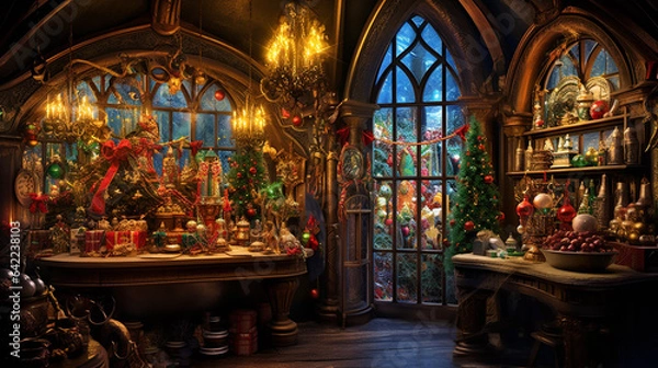 Fototapeta Santa's Workshop in an Enchanting Winter Setting with Fantastical Architecture, Generative AI