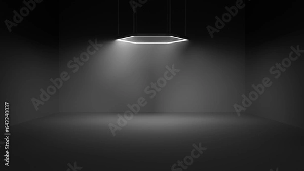 Fototapeta Dark empty room stage scenario with Hexagonal volumetric light on top. Black background with room for text.