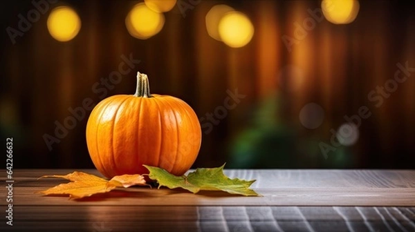 Fototapeta Portrait Pumpkin with maple leaf on the wooden table AI Generative