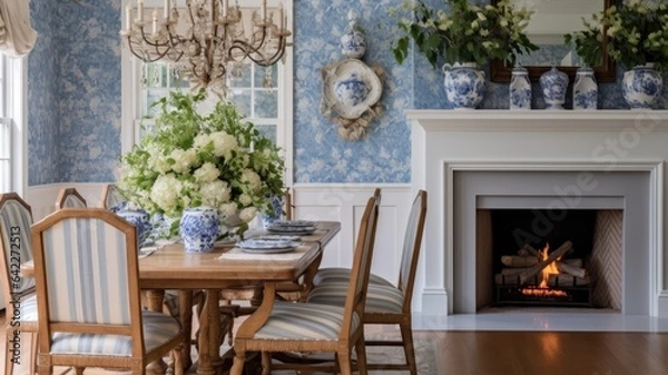 Fototapeta Interior design inspiration of Traditional Colonial style home dining room loveliness decorated with Wood and Wicker material and Statement Fireplace .Generative AI home interior design .