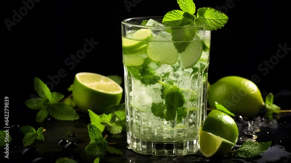 Fototapeta there is a glass of mojita with lime and mint leaves Generative AI