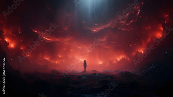 Fototapeta there is a man standing in a dark cave with a red light Generative AI