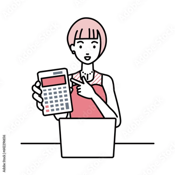 Fototapeta a woman in dress recommending, proposing, showing estimates and pointing a calculator with a smile in front of laptop pc