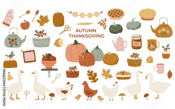 Fototapeta Set of Thanksgiving and hellow autumn fall cute vector illustration clipart elements. Pumpkin patch, cozy home elements, geese and chicken birds, apple, pie, teapot