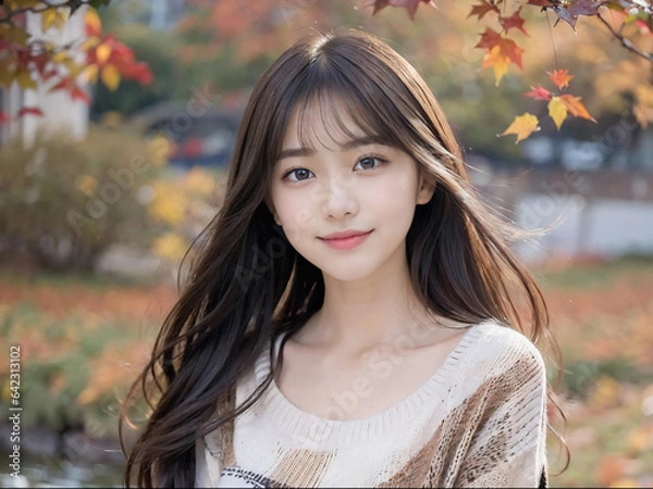 Obraz 秋の紅葉と笑顔の若い女性