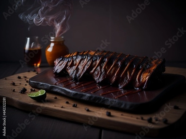 Fototapeta Grilled steak with fris on a wooden table