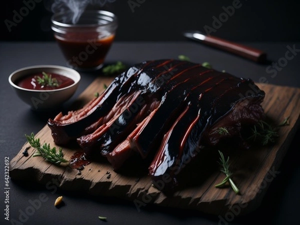 Fototapeta Grilled steak with fris on a wooden table
