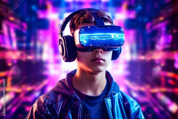 Fototapeta Young man with virtual reality headset. Future technology concept. 3D Rendering