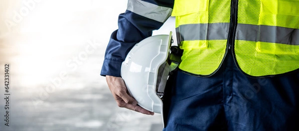 Obraz Safety workwear concept. Male hand holding white safety helmet or hard hat. Construction worker man in protective suit and reflective green vest standing with building concrete floor in the background