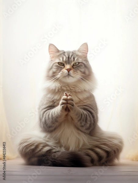 Obraz yoga cat in the lotus position on a light background studio photo