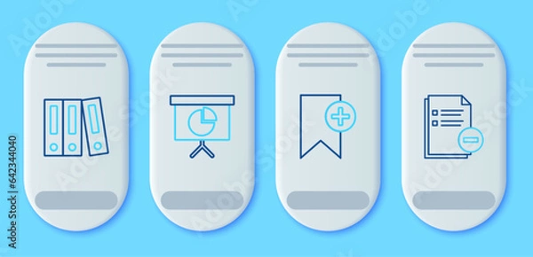 Fototapeta Set line Presentation financial board with graph, schedule, chart, diagram, infographic, pie graph, Bookmark, Office folders papers and documents and Document minus icon. Vector