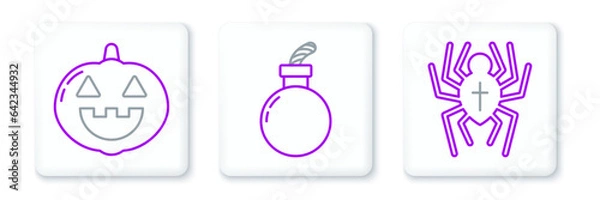 Fototapeta Set line Spider, Pumpkin and Bomb ready to explode icon. Vector