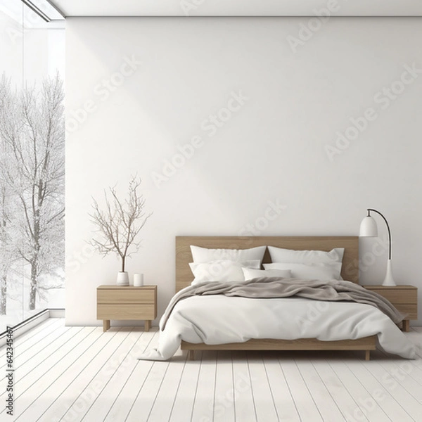 Obraz white bedroom interior in winter in Scandinavian style