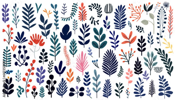 Fototapeta Abstract foliage collection. Botanical futuristic elements in flat style isolated on white background. Vector illustration