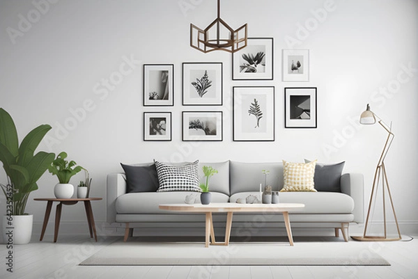 Fototapeta Four mockup frames in living room interior, Scandinavian style, 3d rendering