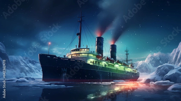 Fototapeta An icebreaker ship forging its way through frozen waters under the northern lights